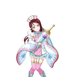 Rule 34 | 10s, 1girl, angel wings, artist request, blush, boots, detached sleeves, garter straps, hair ornament, hairclip, hat, holding, large syringe, long hair, looking at viewer, love live!, love live! school idol festival, love live! sunshine!!, nurse, nurse cap, official art, oversized object, pink thighhighs, red hair, sakurauchi riko, smile, solo, stethoscope, syringe, syringe hair ornament, thighhighs, transparent background, wide sleeves, wings, yellow eyes