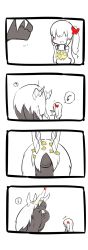 Rule 34 | 1girl, 4koma, ?, bare shoulders, barefoot, child, comic, dress, flower, fukurou (owl222), hair flower, hair ornament, hair over eyes, highres, horns, long hair, long image, monochrome, monster, open mouth, original, side ponytail, silent comic, simple background, size difference, smile, spot color, tall image, white background, white hair