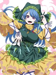Rule 34 | + +, 1girl, :d, apron, bad id, bad twitter id, blue hair, breasts, chisel, commentary request, cowboy shot, dress, earrings, green apron, hand up, haniyasushin keiki, head scarf, holding, jewelry, juliet sleeves, large breasts, long hair, long sleeves, looking at viewer, magatama, magatama necklace, nail polish, necklace, open mouth, puffy sleeves, purple eyes, purple nails, rihito (usazukin), simple background, smile, solo, standing, touhou, unfinished, white background, wide sleeves, yellow dress