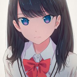 Rule 34 | 10s, 1girl, akagi (fmttps), bad id, bad pixiv id, black hair, blue eyes, bow, bowtie, cardigan, closed mouth, grey background, gridman universe, looking at viewer, portrait, red bow, red bowtie, shirt, short hair, simple background, solo, ssss.gridman, takarada rikka, upper body, white cardigan, white shirt
