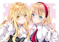 Rule 34 | 2girls, :o, alice margatroid, blonde hair, blue eyes, blush, border, bow, breasts, capelet, closed mouth, commentary request, hair between eyes, hair bow, hair ribbon, hairband, index finger raised, interlocked fingers, juliet sleeves, kirisame marisa, lolita hairband, long hair, long sleeves, medium breasts, multiple girls, nanase nao, outside border, pink background, puffy sleeves, red hairband, red neckwear, ribbon, short hair, sidelocks, simple background, small breasts, smile, star (symbol), starry background, touhou, tress ribbon, upper body, v, v-shaped eyebrows, white border, white bow, white capelet, yellow eyes