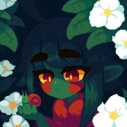 Rule 34 | ahoge, animal, cape, close-up, colored sclera, colored skin, flower, green skin, holding, holding animal, huge ahoge, leaf, minimilieu, monster girl, original, pixel art, plant girl, pointy ears, portrait, red cape, red eyes, short hair, sidelocks, snail, thick eyebrows, white flower, wren (minimilleu), yellow sclera