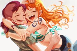 Rule 34 | 2girls, :d, alternate universe, bellemere, bikini, bikini top only, blush, cigarette, commentary request, denim, eyelashes, closed eyes, happy, highres, hug, jeans, long hair, looking at another, mohawk, mother and daughter, multiple girls, nami (one piece), oekakiboya, one piece, open mouth, orange hair, pants, shirt, simple background, smile, smoking, standing, swimsuit, tattoo, time paradox, white background