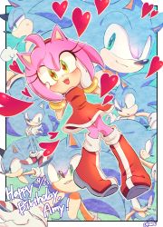 Rule 34 | 1girl, :d, amy rose, blush, boots, bracelet, dress, furry, furry female, furry male, green eyes, hairband, hands on own cheeks, hands on own face, happy birthday, heart, jewelry, looking at viewer, open mouth, red dress, red footwear, red hairband, sega, smile, sonic (series), sonic the hedgehog, tondamanuke