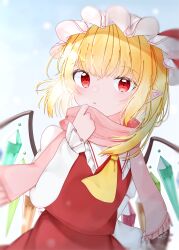Rule 34 | absurdres, adapted costume, ascot, blonde hair, blue background, collared shirt, cowboy shot, crystal, flandre scarlet, frilled shirt collar, frilled sleeves, frills, gradient background, hat, highres, long sleeves, mea 0127, mob cap, multicolored wings, pink scarf, pointy ears, red eyes, red skirt, red vest, scarf, shirt, skirt, skirt set, touhou, vest, white background, white hat, wings, winter clothes, yellow ascot
