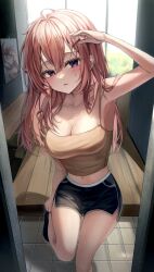 Rule 34 | 1girl, arm up, armpits, bare arms, bare shoulders, black shorts, blush, breasts, brown shirt, camisole, chabi, cleavage, crop top, dolphin shorts, highres, large breasts, leg up, long hair, looking at viewer, midriff, navel, open mouth, original, pink hair, purple eyes, shirt, short shorts, shorts, sleeveless, sleeveless shirt, solo, spaghetti strap, standing, standing on one leg, stomach, sweat, sweatdrop, thighs