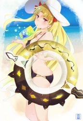 Rule 34 | 1girl, ass, bare shoulders, beach, bikini, black bikini, blonde hair, blush, bow, breasts, cleavage, closed mouth, collarbone, cup, drinking straw, earrings, ereshkigal (fate), fate/grand order, fate (series), hair bow, hat, innertube, jewelry, long hair, looking at viewer, medium breasts, murio, ocean, parted bangs, red bow, red eyes, solo, sun hat, swim ring, swimsuit, thighs, two side up