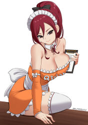 Rule 34 | 1girl, absurdres, bare shoulders, black bow, bow, breasts, brown eyes, cleavage, clipboard, closed mouth, collarbone, detached collar, detached sleeves, dress, elpipe 3000, erza scarlet, fairy tail, hair bow, high ponytail, highres, holding, holding clipboard, large breasts, looking at viewer, maid, maid headdress, orange dress, red hair, scene reference, short dress, sitting, smile, solo, table, thighhighs, waist bow, waitress, white thighhighs