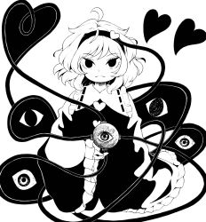 Rule 34 | 1girl, absurdres, buttons, commentary request, frilled sleeves, frills, greyscale, hair ornament, hanokami, heart, heart button, heart hair ornament, heart of string, high contrast, highres, komeiji satori, long sleeves, looking at viewer, medium hair, monochrome, simple background, solo, third eye, touhou, white background, wide sleeves