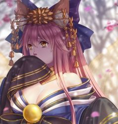 Rule 34 | 10s, 1girl, animal ears, bow, breasts, cleavage, collarbone, detached sleeves, elsa (g557744), fate/extra, fate/grand order, fate (series), flower, fox ears, fox tail, hair bow, hair ribbon, japanese clothes, large breasts, long hair, multiple tails, off shoulder, official alternate costume, petals, pink hair, ribbon, solo, tail, tamamo no mae (fate/extra), tamamo no mae (third ascension) (fate), tears, yellow eyes