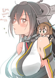 Rule 34 | 2girls, black hair, black skirt, blush, breasts, brown eyes, brown hair, character name, dated, detached sleeves, fujii rino, green eyes, hair between eyes, headgear, kantai collection, large breasts, long hair, mini person, minigirl, multiple girls, mutsu (kancolle), nagato (kancolle), one-hour drawing challenge, open mouth, parted lips, pleated skirt, short hair, simple background, skirt, sparkle, twitter username, upper body, white background