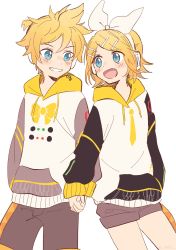 Rule 34 | 1boy, 1girl, black shorts, blonde hair, blue eyes, blush, bow, bowtie, brother and sister, commentary, cowboy shot, fang, grin, hair bow, hair ornament, hairclip, headphones, highres, holding hands, hood, hoodie, kagamine len, kagamine rin, keyboard print, light blush, looking at another, m0ti, necktie, open mouth, short hair, short ponytail, short shorts, shorts, siblings, smile, spiked hair, swept bangs, treble clef, twins, vocaloid, white bow