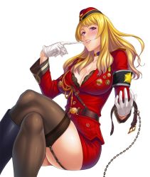 Rule 34 | 1girl, ass, belt, black footwear, black thighhighs, blonde hair, blush, boots, breast pocket, breasts, chain, cleavage, collar, collarbone, commentary request, crossed legs, detached sleeves, eliza bartley, garter belt, garter straps, gloves, hat, highres, holding, knee boots, large breasts, lilith-soft, lips, long hair, long sleeves, looking at viewer, medal, military, military uniform, miniskirt, mouth hold, official art, pocket, purple eyes, red skirt, shiny skin, sitting, skirt, solo, taimanin (series), taimanin asagi, taimanin asagi kessen arena, thighhighs, uniform, white gloves, zol