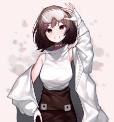 Rule 34 | 1girl, :d, absurdres, arknights, beudelb, brown eyes, brown hair, brown overalls, choker, commentary, cowboy shot, fingerless gloves, gloves, goggles, goggles on head, grin, hand on own hip, highres, jacket, korean commentary, looking at viewer, open clothes, open jacket, open mouth, overalls, roberta (arknights), shirt, short hair, sleeveless, sleeveless shirt, smile, solo, teeth, unfastened, white choker, white gloves, white jacket, white shirt
