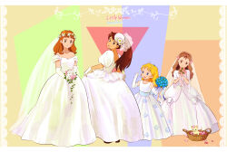 Rule 34 | 4girls, :d, absurdres, ai no wakakusa monogatari, amy march, basket, blonde hair, blue eyes, blush, bouquet, bow, brown eyes, brown hair, cat, copyright name, dress, dress bow, elbow gloves, elizabeth march, flower, gloves, hair flower, hair ornament, head wreath, highres, holding, holding bouquet, jewelry, josephine march, long hair, looking back, margaret march, multiple girls, necklace, open mouth, petals, sakai yume, siblings, sisters, skirt hold, smile, standing, veil, wedding dress, white bow, white dress, white gloves, white headwear, world masterpiece theater