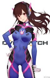 Rule 34 | 1girl, animal print, armor, bad id, bad pixiv id, bodysuit, bracer, breasts, brown eyes, brown hair, closed mouth, copyright name, covered navel, cowboy shot, d.va (overwatch), eyelashes, facepaint, facial mark, gloves, hand on own hip, headphones, high collar, highres, lips, lipstick, long hair, looking at viewer, makeup, medium breasts, overwatch, overwatch 1, pauldrons, pilot suit, pururu (rurucatnya), rabbit print, ribbed bodysuit, shoulder armor, shoulder pads, simple background, skin tight, solo, thigh strap, turtleneck, twitter username, whisker markings, white background, white gloves