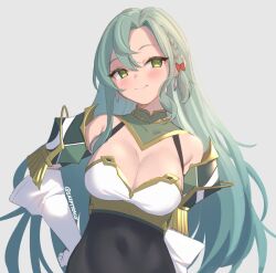 Rule 34 | 1girl, aqua hair, armor, bare shoulders, braid, breastplate, breasts, chloe (fire emblem), cleavage, elbow gloves, fire emblem, fire emblem engage, garter straps, gloves, green eyes, large breasts, long hair, looking at viewer, nintendo, pegasus knight uniform (fire emblem), shoulder armor, side braid, single braid, skeptycally, skin tight, smile, solo, very long hair, white gloves