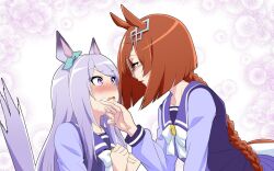 Rule 34 | 2girls, animal ears, blush, bow, bowtie, braid, braided ponytail, brown hair, clenched hands, commentary, ear bow, eye contact, food, food on face, glasses, hands up, horse ears, horse girl, horse tail, ikuno dictus (umamusume), long hair, long sleeves, looking at another, mejiro mcqueen (umamusume), multiple girls, nose blush, open mouth, parted lips, purple eyes, purple hair, purple shirt, round eyewear, sailor collar, school uniform, shirt, stiff tail, tail, tracen school uniform, umamusume, upper body, wakoudo, wiping face, yuri