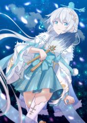 Rule 34 | 1girl, :d, blue eyes, chinese clothes, cloud, cloudy sky, earrings, hair ornament, hand fan, highres, holding, holding fan, honkai (series), honkai impact 3rd, jewelry, lazy yuanying, long hair, long sleeves, looking at viewer, night, night sky, open mouth, outdoors, petals, sky, smile, solo, theresa apocalypse, zhuge kongming (honkai impact), thighhighs, white hair, white thighhighs, zhuge kongming (honkai impact)