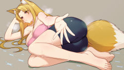Rule 34 | 1girl, :&lt;, absurdres, animal ear fluff, animal ears, bare shoulders, barefoot, blonde hair, blush, breasts, character request, commentary request, copyright request, fox ears, fox tail, green322, grey background, highres, large breasts, long hair, lying, on side, outstretched arm, pink shirt, red eyes, shirt, shorts, simple background, solo, steam, strapless, sweat, tail, thighs