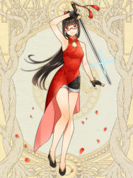 Rule 34 | 1girl, arm up, black gloves, black hair, black shorts, blunt bangs, china dress, chinese clothes, chokutou, dairoku ryouhei, dress, fingerless gloves, full body, glasses, glint, gloves, holding, holding sword, holding weapon, long hair, looking at viewer, maruyama hari, ponytail, red-framed eyewear, red dress, shorts, simple background, standing, sword, weapon, yellow background