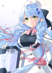 Rule 34 | &gt;:(, 1girl, black bow, black shirt, blue archive, blue hair, bow, braid, breasts, closed mouth, collared shirt, commentary request, gradient background, green eyes, grey background, hair between eyes, hair bow, hair ribbon, halo, harada (sansei rain), hat, highres, juliet sleeves, light frown, long hair, long sleeves, medium breasts, mine (blue archive), multicolored hair, nurse cap, pink hair, pink ribbon, pointy ears, puffy sleeves, ribbon, riot shield, shield, shirt, skirt, solo, streaked hair, suspender skirt, suspenders, twin braids, v-shaped eyebrows, very long hair, white background, white hat, white skirt