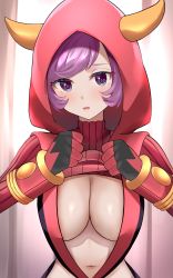 Rule 34 | 1girl, absurdres, blush, breasts, clothes lift, commentary request, courtney (pokemon), creatures (company), enishi96, eyelashes, fake horns, game freak, gloves, hands up, highres, hood, hood up, horns, large breasts, looking at viewer, nintendo, open mouth, pokemon, pokemon oras, purple eyes, purple hair, red sweater, ribbed sweater, shiny skin, short hair, solo, sweater, sweater lift, swept bangs, upper body