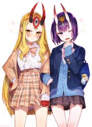 Rule 34 | 2girls, :&lt;, alternate costume, artist name, bag charm, blazer, blonde hair, bob cut, bow, bowtie, candy, cardigan, character charm, character doll, charm (object), contemporary, dress shirt, facial mark, fang, fangs, fate/grand order, fate (series), food, hair ornament, hairclip, hand on own hip, high-waist skirt, highres, horns, ibaraki douji (fate), jacket, charm (object), locked arms, lollipop, long hair, long sleeves, looking at viewer, mika pikazo, miniskirt, multiple girls, one eye closed, oni, open mouth, plaid, plaid bow, plaid bowtie, plaid neckwear, plaid skirt, pleated skirt, pointy ears, purple eyes, purple hair, sakata kintoki (fate), school uniform, shirt, short hair, shuten douji (fate), skin-covered horns, skirt, sweater vest, very long hair, yellow eyes