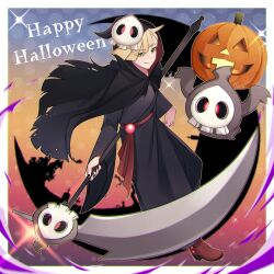 Rule 34 | 1boy, alternate costume, black cape, black nails, black robe, blonde hair, border, brown footwear, cape, closed mouth, commentary, creatures (company), duskull, game freak, gen 3 pokemon, gladion (pokemon), green eyes, happy halloween, highres, holding, holding staff, hood, hood up, hooded cape, long sleeves, male focus, mask, mask on head, mocacoffee 1001, nail polish, nintendo, pokemon, pokemon (creature), pokemon sm, robe, shoes, short hair, smile, sparkle, staff, white border