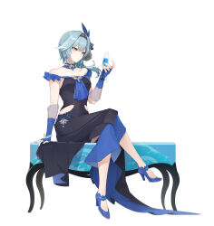 Rule 34 | 1girl, absurdres, black headband, blue hair, blue necktie, clothing cutout, eula (genshin impact), fashion, genshin impact, hairband, headband, high heels, highres, necktie, sitting, sitting on table, solo, user tadn7234, white background