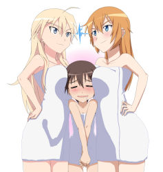 Rule 34 | 3girls, bare shoulders, blonde hair, blush, breasts, brown hair, charlotte e. yeager, closed eyes, collarbone, drooling, eye contact, girl sandwich, hand on own hip, hanna-justina marseille, height difference, large breasts, long hair, looking at another, miyafuji yoshika, multiple girls, naked towel, saliva, sandwiched, short hair, size difference, smile, strike witches, towel, v arms, white background, witches of africa, world witches series, yoshida keiji