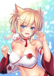 Rule 34 | 1girl, animal ears, bad id, bad pixiv id, bandeau, blonde hair, blue eyes, breasts, cat ears, choker, cleavage, detached sleeves, facial mark, fang, final fantasy, final fantasy xiv, fingernails, flower, hair flower, hair ornament, large breasts, long fingernails, long sleeves, miqo&#039;te, moogle, navel, open mouth, strapless, tiphereth, white flower