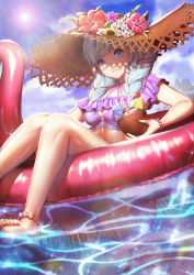 Rule 34 | 1girl, absurdres, ass, bad id, bad pixiv id, barefoot, bead bracelet, beads, bikini, blue eyes, blue hair, blue nails, blue sky, bracelet, braid, breasts, cherry, cloud, coconut, day, drinking straw, earrings, flower, food, fruit, hat, hat flower, hibiscus, highres, innertube, jewelry, looking at viewer, medium breasts, moe2018, nail polish, original, outdoors, parted lips, shaded face, shadow, sky, summer, sun hat, sunlight, swim ring, swimsuit, y.i. (lave2217)