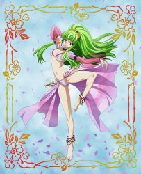 Rule 34 | 00s, 1girl, absurdres, anklet, barefoot, breasts, c.c., cleavage, code geass, dancer, feet, green hair, gypsy, hairband, highres, jewelry, long hair, lots of jewelry, midriff, solo, thighs, vector trace, yellow eyes
