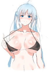 Rule 34 | 1girl, absurdres, ahoge, bare shoulders, bikini, bikini top only, blue eyes, blue hair, blush, breasts, closers, highres, large breasts, long hair, looking at viewer, smile, solo, swimsuit, twintails, upper body, violet (closers)