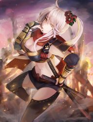 Rule 34 | 1girl, bad id, bad pixiv id, breasts, cleavage, flower, hair flower, hair ornament, high ponytail, highres, katana, large breasts, long hair, looking at viewer, midriff, mole, mole under mouth, navel, original, pink hair, sengoku taisen, settyaro, solo, sword, weapon, yellow eyes