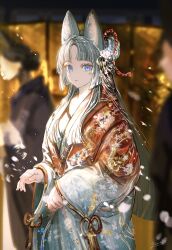 Rule 34 | 1girl, absurdres, animal ear fluff, animal ears, blue eyes, blurry, blurry background, chinese clothes, closed mouth, depth of field, floral print, flower, fox ears, gawako, grey hair, hair flower, hair ornament, hanfu, highres, japanese clothes, kimono, light particles, long hair, long sleeves, looking at viewer, original, parted bangs, petals, red rope, rope, sidelocks, signature, solo focus, standing, tassel, very long hair, wide sleeves