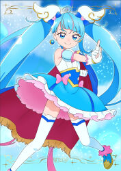 Rule 34 | 1girl, ahoge, blue bow, blue cape, blue eyes, blue hair, blue skirt, bow, cape, cure sky, detached sleeves, earrings, fingerless gloves, frills, gloves, hair bow, highres, hirogaru sky! precure, jewelry, long hair, magical girl, pink bow, precure, puffy detached sleeves, puffy sleeves, single sidelock, skirt, smile, solo, sora harewataru, thighhighs, tiler (tiler00), two-sided cape, two-sided fabric, undercut, very long hair, white gloves, wing hair ornament