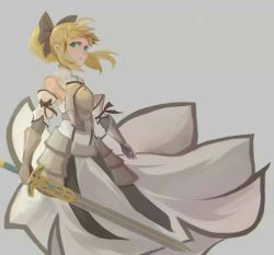 Rule 34 | 1girl, ahoge, armor, armored dress, armpits, arms at sides, artoria pendragon (fate), black hair, blonde hair, breastplate, caliburn (fate), detached collar, detached sleeves, fate/unlimited codes, fate (series), green eyes, hair ornament, hair ribbon, highres, long hair, looking at viewer, ponytail, ribbon, saber lily, sketch, solo, sword, weapon, wind, wind lift, zwc1271750321