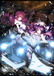 Rule 34 | 2girls, bat wings, book, bookshelf, bow, crescent, crescent moon, female focus, hair ribbon, hat, head wings, highres, koakuma, library, long hair, moon, multiple girls, north abyssor, patchouli knowledge, pointy ears, purple eyes, purple hair, red eyes, red hair, ribbon, embodiment of scarlet devil, touhou, voile, wings