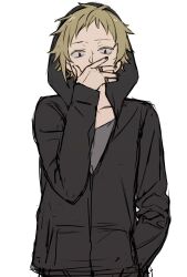 Rule 34 | 1boy, b (bgoldmole), black eyes, black hoodie, black nails, casual, colored eyelashes, commentary, covering own mouth, fingernails, grey shirt, hand over own mouth, highres, hood, hood up, hoodie, jewelry, kagerou project, kano shuuya, light brown hair, long sleeves, looking at viewer, male focus, multiple rings, ring, shirt, short bangs, simple background, sketch, t-shirt, upper body, white background
