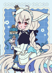 Rule 34 | 1girl, ahoge, animal ears, black bow, blue background, blue bow, blue hairband, blue ribbon, bow, braid, bridal gauntlets, brown hair, character name, commentary, commission, crown, dated, dress, eyebrows hidden by hair, flower, from side, grey background, grid background, hair between eyes, hair bow, hair ribbon, hairband, highres, holding, holding microphone stand, long hair, long sleeves, low twintails, microphone, microphone stand, mini crown, neki (wakiko), original, red eyes, ribbon, rose, sakurada shiro (hy plus), solo, tilted headwear, twin braids, twintails, twitter username, very long hair, white dress, white flower, white rose