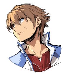 Rule 34 | 1boy, ao no kiseki, brown eyes, brown hair, closed mouth, commentary request, copyright request, eiyuu densetsu, enami katsumi, falcom, hair between eyes, highres, jacket, lloyd bannings, looking to the side, male focus, portrait, red shirt, shirt, simple background, solo, white background, zero no kiseki