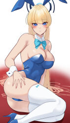 Rule 34 | 1girl, animal ears, ass, bare shoulders, blonde hair, blue archive, blue eyes, blue footwear, blush, bow, bowtie, breasts, cleavage, detached collar, fake animal ears, halo, high heels, highres, large breasts, leotard, long hair, medium breasts, nanohana (november.), parted lips, playboy bunny, rabbit ears, sitting, solo, thighhighs, toki (blue archive), toki (bunny) (blue archive), white thighhighs, wrist cuffs