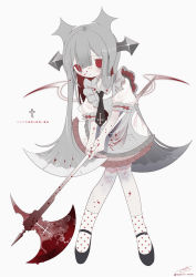 Rule 34 | 1girl, apron, axe, battle axe, black footwear, black necktie, blood, blood in hair, blood on arm, blood on axe, blood on clothes, blood on face, blood on hands, blood on leg, bloody weapon, bow, collared dress, constricted pupils, cross, demon girl, demon wings, dress, frilled apron, frilled dress, frills, full body, grey apron, grey hair, hair between eyes, highres, holding, holding axe, holding weapon, horns, inverted cross, latin cross, long hair, looking at viewer, nail polish, necktie, original, outo eguchi, parted lips, polka dot, polka dot legwear, puffy short sleeves, puffy sleeves, red bow, red eyes, red nails, red ribbon, ribbon, shoes, short dress, short sleeves, signature, simple background, socks, solo, standing, sweat, translation request, twitter username, very long hair, weapon, white background, white dress, white socks, wings