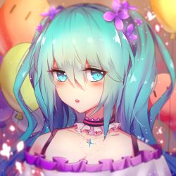Rule 34 | 1girl, 277114602, absurdres, aqua eyes, balloon, bare shoulders, blurry, blurry background, blush, choker, collarbone, commentary request, dress, flower, frills, green hair, hair between eyes, hair flower, hair ornament, hatsune miku, highres, jewelry, long hair, looking at viewer, necklace, parted lips, portrait, red balloon, solo, translation request, twintails, vocaloid