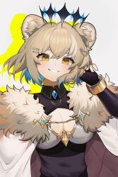 Rule 34 | 1girl, animal ears, artist request, blonde hair, blue hair, blush, breasts, cape, cleavage cutout, clothing cutout, crown, fingerless gloves, gloves, gold, gradient hair, hazumi aileen, highres, large breasts, multicolored hair, smile, virtual youtuber, yellow eyes