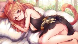 Rule 34 | 1girl, animal ear fluff, animal ears, ass, warrior of light (ff14), bare arms, bare shoulders, barefoot, bed sheet, black dress, blush, breasts, brown hair, cat ears, cat girl, cat tail, cleavage, closed mouth, commentary request, dress, final fantasy, final fantasy xiv, glasses, hands up, large breasts, lying, miqo&#039;te, on side, panties, pillow, pink panties, pleated dress, red-framed eyewear, red eyes, sakura ani, sleeveless, sleeveless dress, smile, solo, tail, underwear