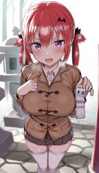 Rule 34 | 1girl, absurdres, breasts, day, gabriel dropout, greatmosu, hair between eyes, hair rings, highres, holding, holding paper, large breasts, light blush, long hair, long sleeves, looking at viewer, outdoors, paper, pleated skirt, purple eyes, red hair, satanichia kurumizawa mcdowell, skindentation, skirt, smile, solo, thighhighs, white thighhighs