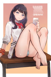 Rule 34 | 10s, 1girl, ass, barefoot, black hair, blue eyes, bow, bowtie, cardigan, cellphone, closed mouth, copyright name, gridman universe, highres, holding, holding phone, legs, looking at viewer, panties, phone, red bow, red bowtie, renzu (lens 02), short hair, sitting, sitting on table, solo, ssss.gridman, table, takarada rikka, thighs, underwear, white cardigan